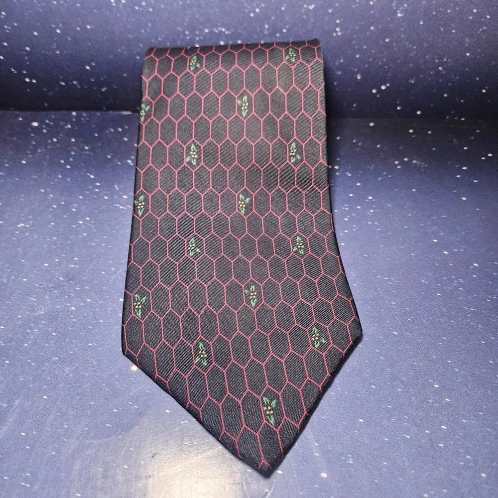 Enzo Necktie Mens‎ OS Navy Red Honeycomb Geometric Floral 100% Silk Made in USA